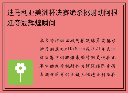 迪马利亚美洲杯决赛绝杀挑射助阿根廷夺冠辉煌瞬间